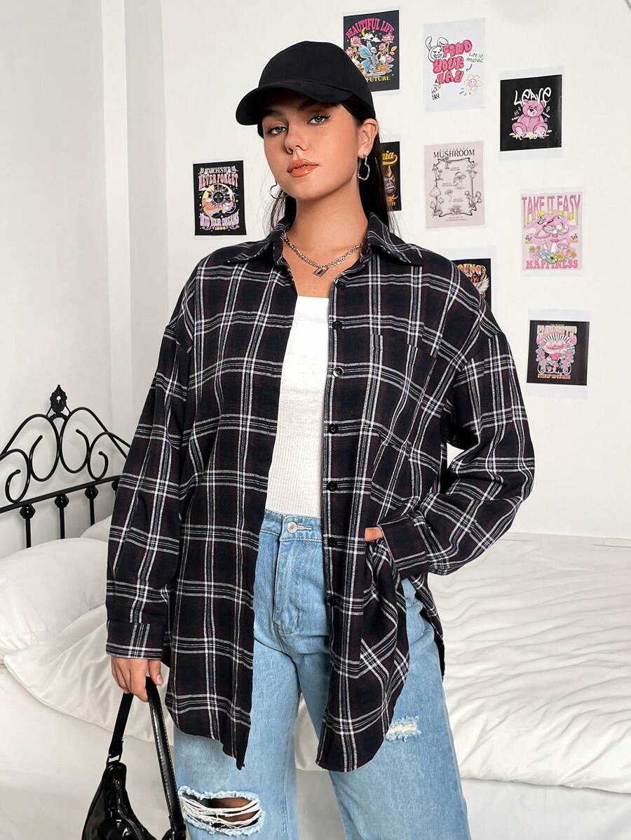Flirla 大碼格紋印花落肩袖襯衫 - 黑色 - 查看 1