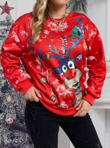 Flirla 圣诞印花落肩套头卫衣，秋季卫衣 - 紅色 - 查看 3