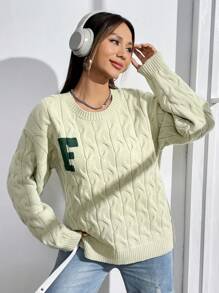 SHEIN Essnce Letter Pattern Drop Shoulder Sweater - Green - View 3