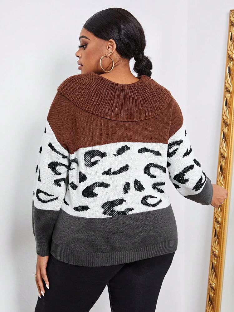 Plus Leopard Pattern Colorblock Drop Shoulder Sweater Knit Pullover Fall Winter Sweater