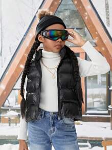 Tween Girl Zip Up Hooded Vest Padded Coat - Black - View 1