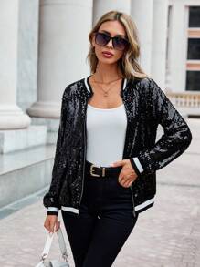 SHEIN Privé Zip Up Sequin Bomber Jacket - Black - View 1