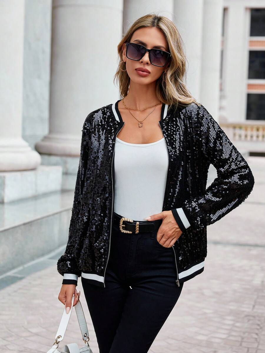 SHEIN Privé Zip Up Sequin Bomber Jacket - Black - View 1