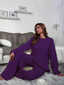 Mulvari Solid Drop Shoulder Sweater & Knit Pants - Purple - View 7