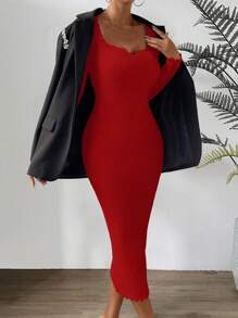 Chiquease Abito aderente in maglia collo a cuore con orlo smerlato - Rosso - Visualizzare 5