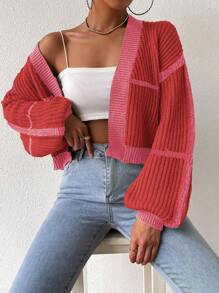 SHEIN Unity 女士休闲日常通勤撞色落肩宽松短款开衫，秋冬 - 彩色 - 查看 1