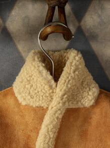 SHEIN 女嬰拼接邊毛絨內襯單排釦仿麂皮外套 - 棕色 - 查看 4