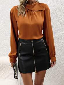 SHEIN Privé 素色褶皺細節緞面襯衫 - 棕色 - 查看 6