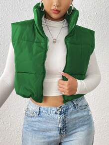 SHEIN EZwear Hơn Dây kéo Mùa vụ Áo gi lê Lông vũ - Màu xanh lá cây đậm - Xem 3