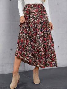 EMERY ROSE Allover Floral Print Ruffle Hem Skirt - Red Violet - View 4