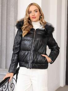Two Way Zip Up Fuzzy Trim Hooded Down Coat - Black - View 3