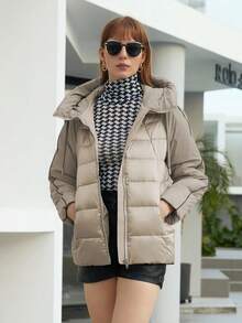 ZIAI 拉链抽绳连帽夹棉大衣 - 米色 - 查看 4