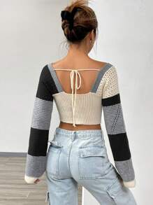 SHEIN Unity 撞色方领短款针织套头衫 秋冬毛衣 - 黑色 - 查看 2