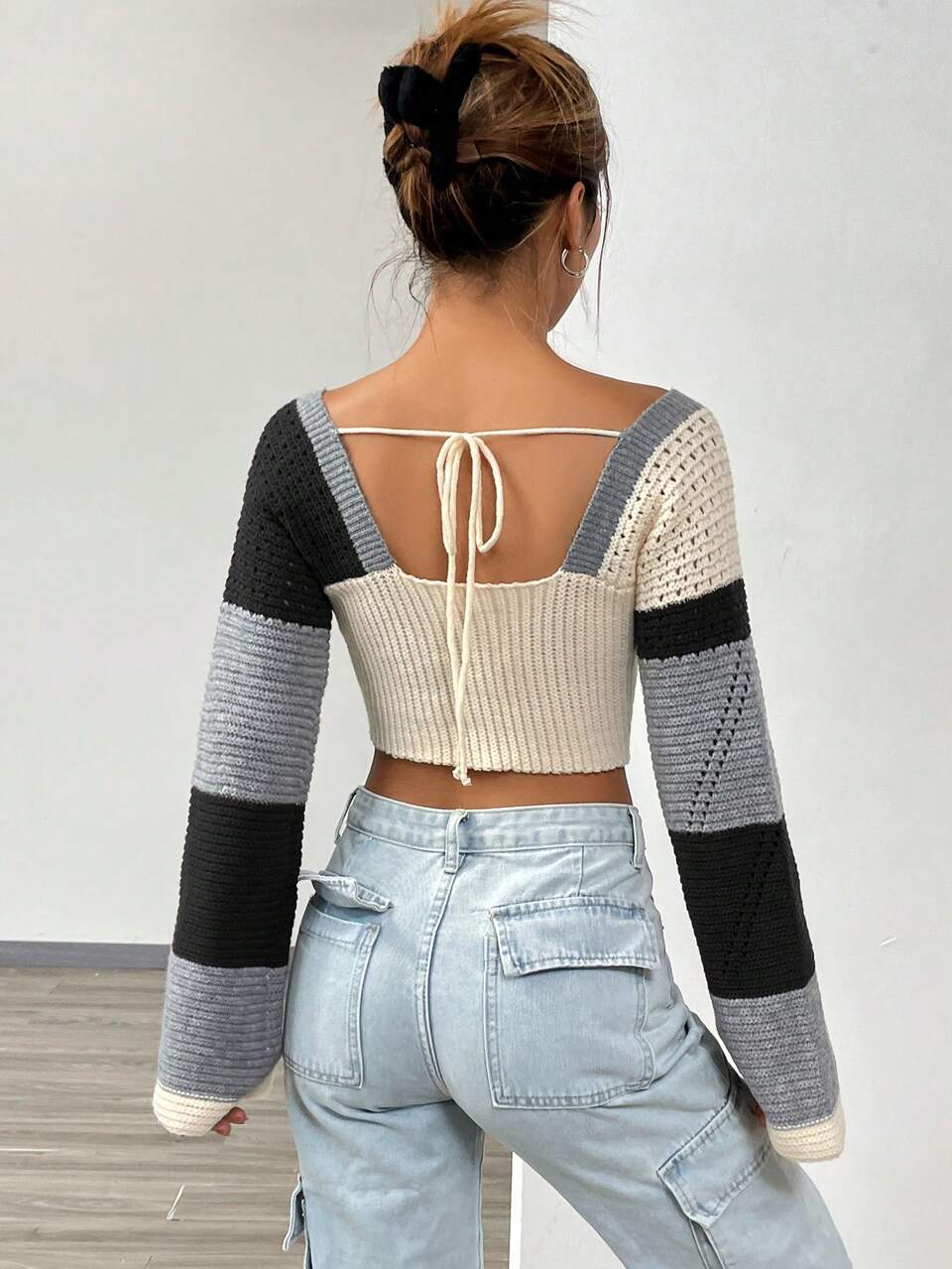 Colorblock Square Neck Crop Knit Pullover Fall Winter Sweater