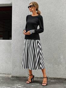 SHEIN Clasi Solid Tee & Striped Belted Skirt - Multicolor - View 4