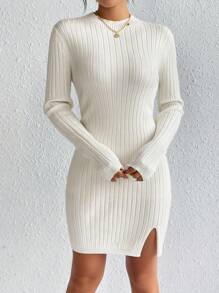 SHEIN Frenchy Mock Neck Split Hem Ribbed Knit Bodycon Sweater Dress Without Belt In Fall/Winter - Beige - View 4