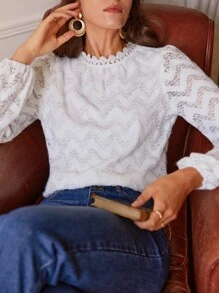 SHEIN Frenchy Guipure Lace Trim Lantern Sleeve Blouse