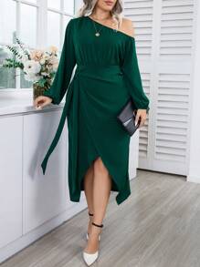 SHEIN Unity Plus Asymmetrical Neck Lantern Sleeve Wrap Hem Dress - Dark Green - View 5