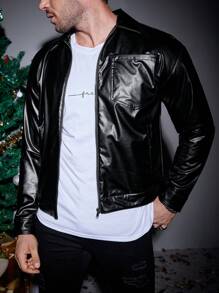 Manfinity VCAY Loose Fit Men's Pu Leather Zipper Jacket - Black - View 3