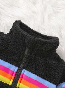 Baby Girl Striped Print Zip Up Teddy Jacket - Black - View 5
