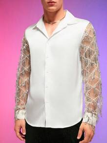 FeverCity Men Contrast Sequin Mesh Insert Button Up See Through Party Sexy Shirt, Boyfriend Gift - White - View 5