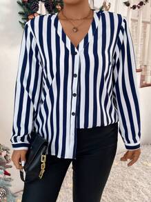 SHEIN LUNE 大碼條紋印花前紐扣襯衫 - 藍白色 - 查看 6