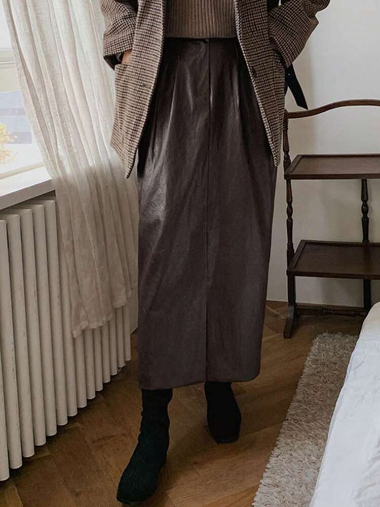 Solid Slant Pocket Split Back Straight Skirt Fall,Winter Leather Skirt