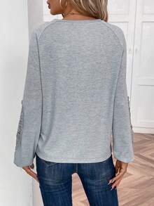 SHEIN LUNE 蕾絲拼接插肩袖T恤 - 灰色 - 查看 2