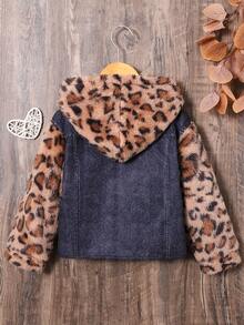 SHEIN 女孩豹紋圖案翻蓋口袋連帽毛絨面板夾克 - 彩色 - 查看 2