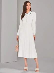 Modelyn 撞色滾邊百褶下擺毛衣洋裝 - 白色 - 查看 1