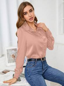 SHEIN Unity Leopard Jacquard Button Front Satin Shirt - Coral Orange - View 4