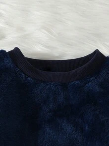 Young Boy Solid Flannel Sweatshirt & Pants - Navy Blue - View 3