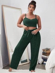 Conjunto de pijama con nudo delantero de punto acanalado talla grande - Verde Oscuro - Ver 4