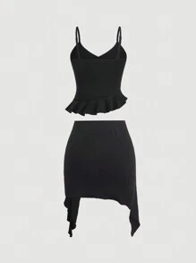 SHEIN MOD Solid Ruffle Trim Cami Top & Ruched Skirt - Black - View 2