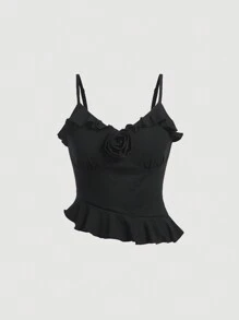 SHEIN MOD Solid Ruffle Trim Cami Top & Ruched Skirt - Black - View 7