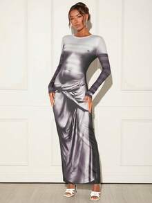 SHEIN BAE Figure Graphic Asymmetrical Hem Bodycon Dress - Blue - View 3