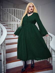 PUNK 大碼蕾絲邊荷葉袖洋裝不附帶緊身胸衣 - 墨綠色 - 查看 4