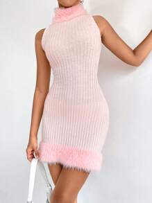 SHEIN Privé 毛茸邊小高領無袖毛衣洋裝 - 粉色 - 查看 4