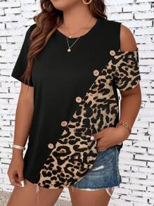 SHEIN LUNE Plus Leopard Print Button Detail Tee Graphic Cheetah Print Tees Women Tops - Multicolor - View 6