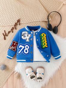 Baby Boy Letter Patched Striped Trim Varsity Jacket Without Tee - Royal Blue - View 1