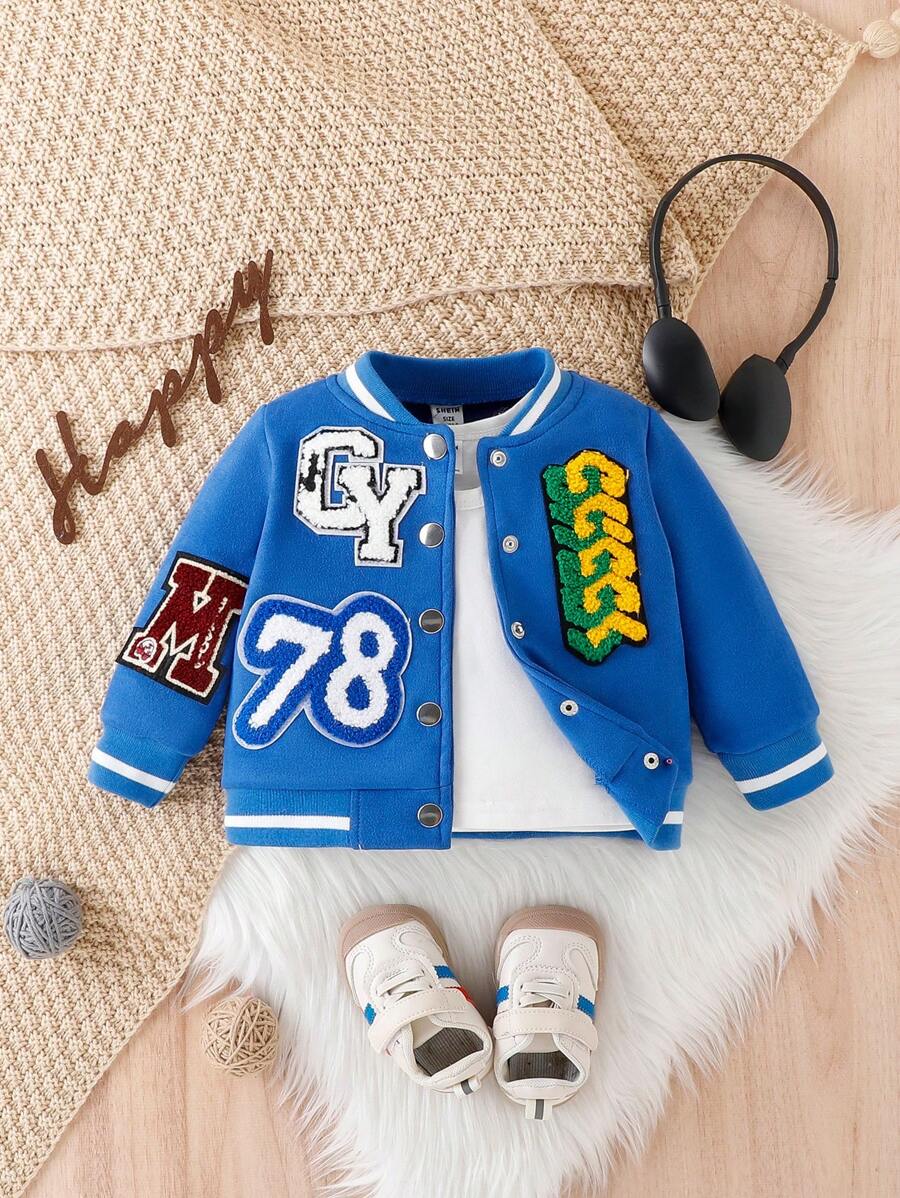 Baby Boy Letter Patched Striped Trim Varsity Jacket Without Tee - Royal Blue - View 1