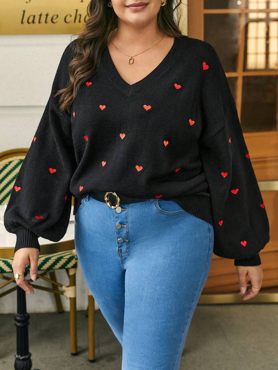 SHEIN Frenchy Hơn Thêu trái tim Tay áo lồng đèn Áo len - màu đen - Xem 1