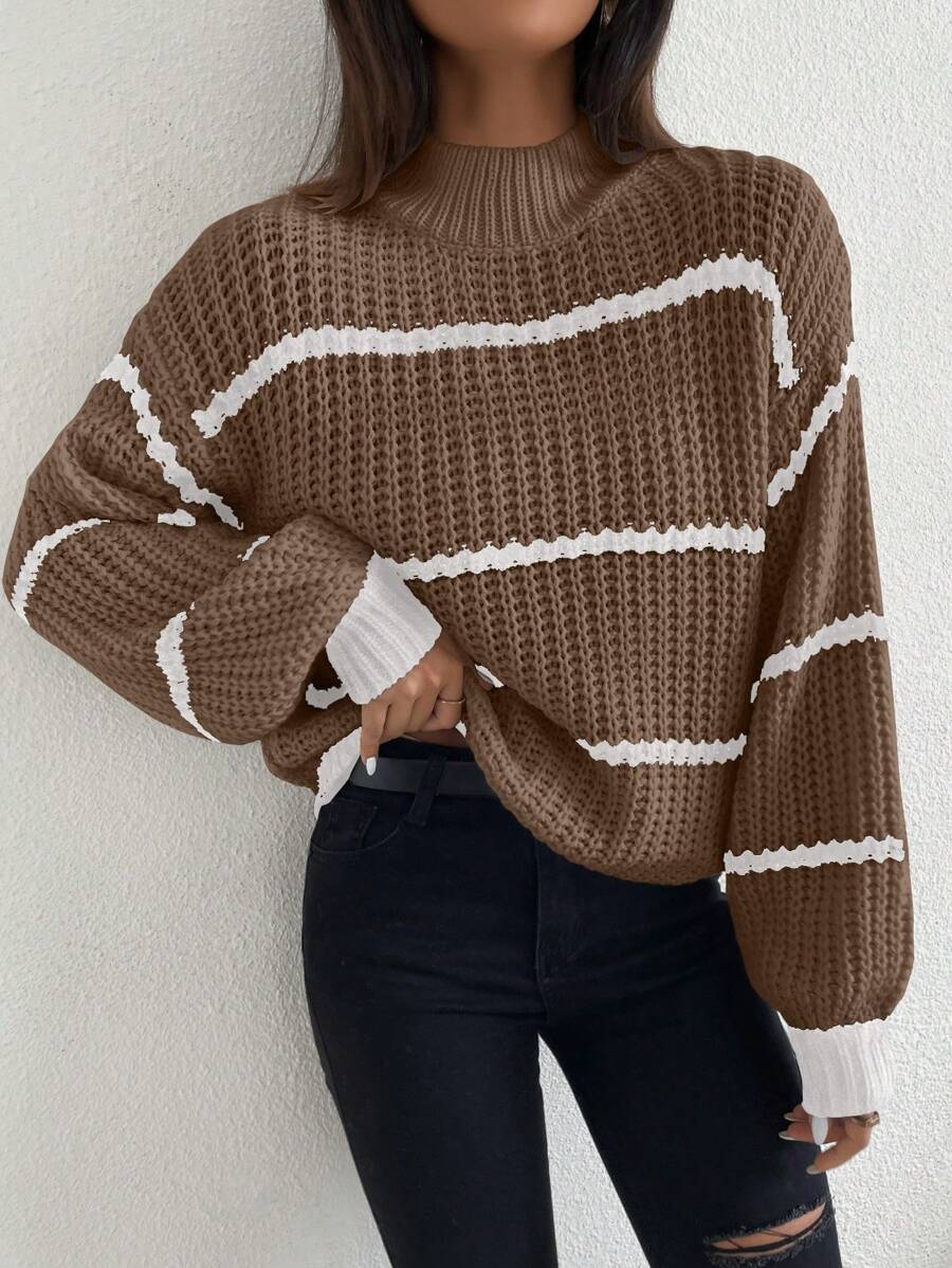 Celisse Striped Pattern Drop Shoulder Sweater,Long Sleeve Tops Knit Pullover Fall Winter Outfit - Mocha Brown - View 1