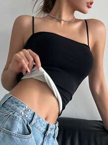 DAZY Women's Solid Color Spaghetti Strap Solid Crop Cami Tops,Thermal Lined - Black - View 4
