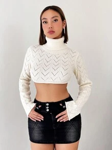 SHEIN ICON Turtleneck Pointelle Knit Micro Crop Sweater
