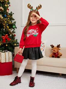 SHEIN 女童针织宽松圣诞图案圆领休闲卫衣（2件装，分开出售）母女装 - 紅色 - 查看 3