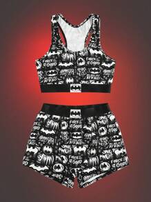 Batman X ROMWE Cartoon Graphic PJ Set, School - Multicolor - View 1