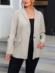 SHEIN Clasi 大碼青果領捲邊袖開門襟西裝外套 - 卡其色 - 查看 3