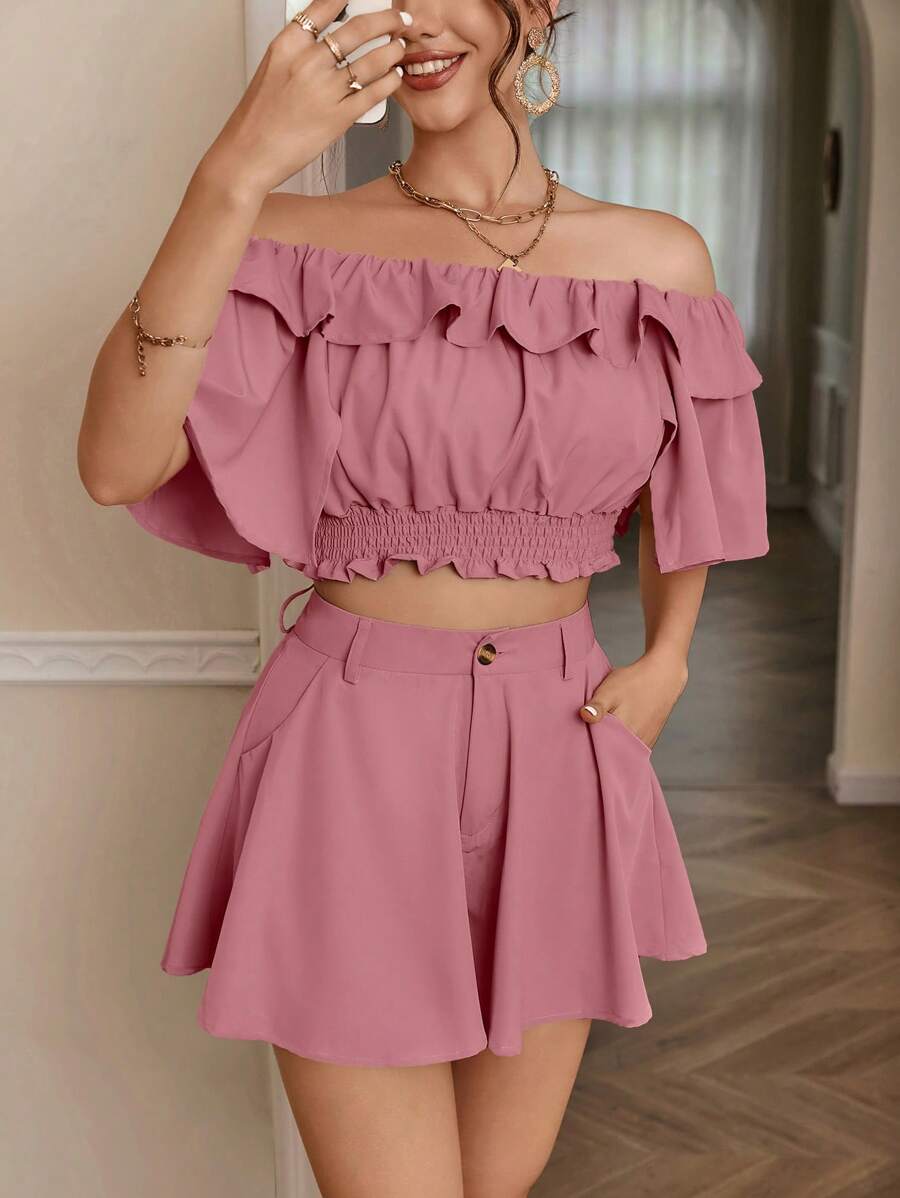 GENKIRA 露肩荷叶边短款上衣和阔腿短裤 - 粉色 - 查看 1