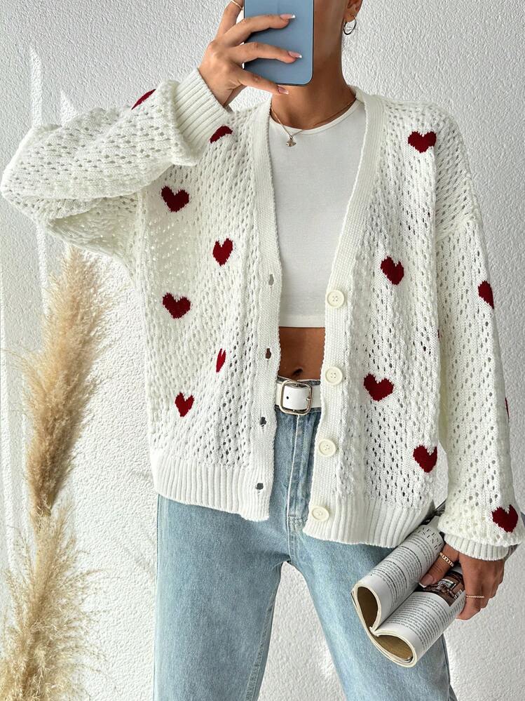 Cardigan à épaules tombantes avec motif de cœur en plus, pour l'hiver